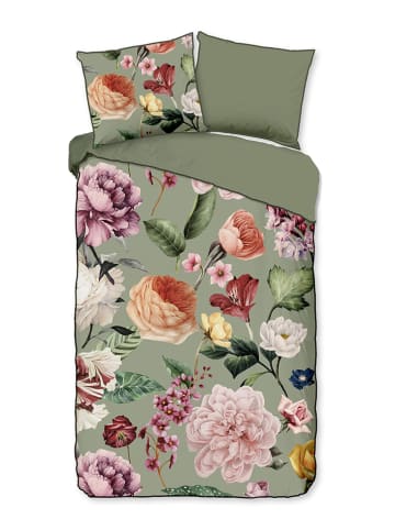Descanso Komplet pościeli satynowej "Fiori" w kolorze zielonym ze wzorem