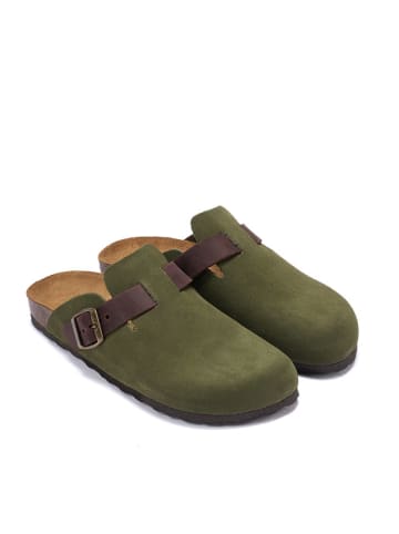 Mandel Leren clogs "Noe" kaki