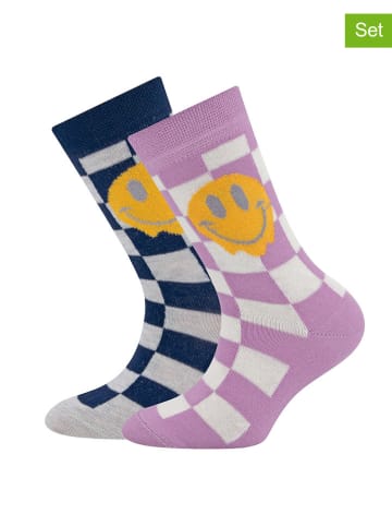 ewers 2er-Set: Socken "Karo/ Smile" in Dunkelblau/ Lila