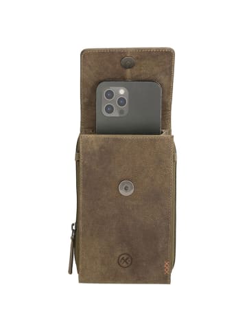 HIDE & STITCHES Leder-Handytasche in Khaki - (B)11 x (H)20 x (T)3 cm