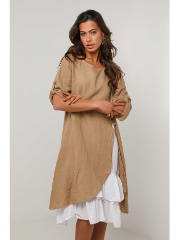 Le Monde du Lin Leinen-Kleid in Beige/ Weiß