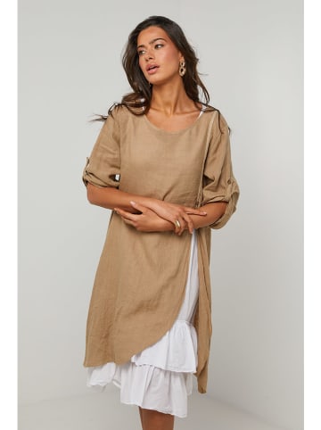 Le Monde du Lin Leinen-Kleid in Beige/ Weiß