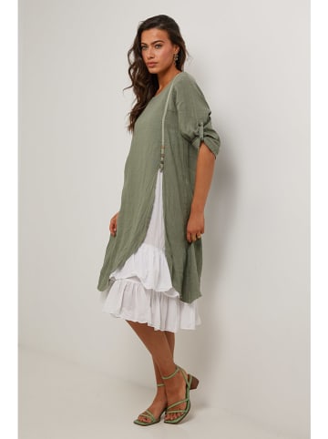 Le Monde du Lin Linnen jurk kaki/wit