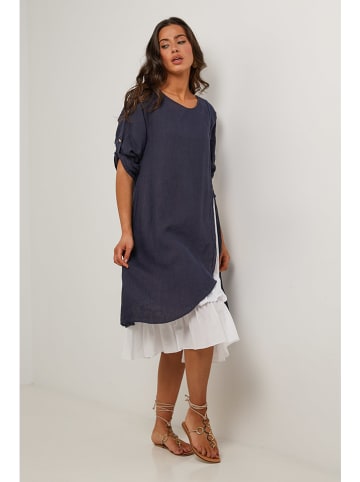 Le Monde du Lin Linnen jurk donkerblauw/wit