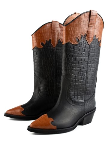 loft37 Leder-Cowboystiefel in Schwarz/ Hellbraun