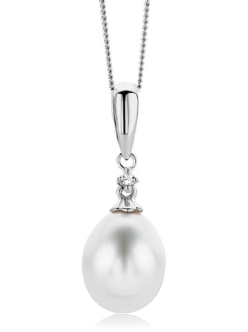 Diamant Exquis Witgouden ketting met diamant-zoetwaterparel-hanger - (L)45 cm