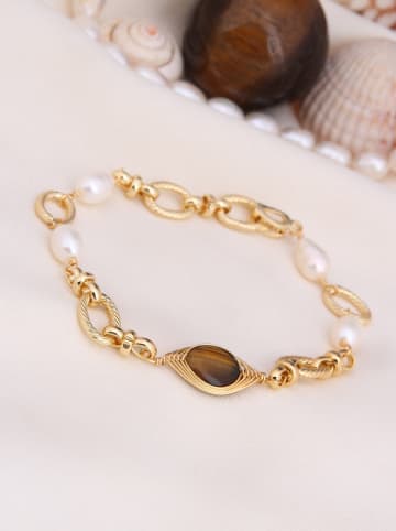 L'Atelier de Gaia Pozłacana bransoletka z tygrysim okiem i perłami