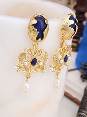 L'Atelier de Gaia Pozłacane kolczyki-wkrętki z lapis lazuli i perłami