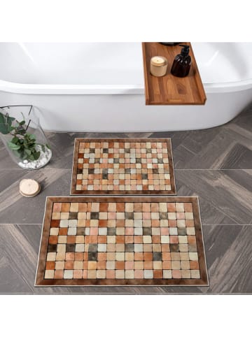 Elizabed 2-delige set: badmatten lichtbruin/oranje