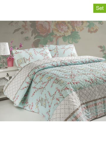 Elizabed 3-delige bedspreiset "Birdcage" turquoise/roze
