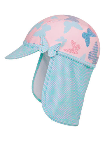 Playshoes Czapka w kolorze turkusowo-jasnoróżowym z osłoną karku