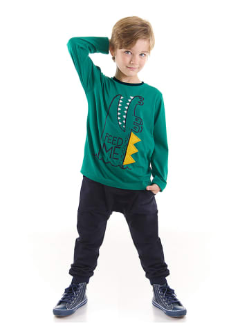 Denokids 2-delige outfit "Feed me" groen/donkerblauw