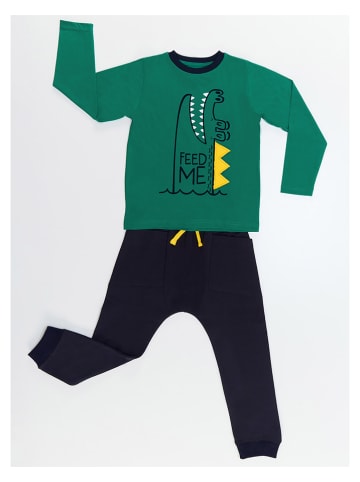 Denokids 2-delige outfit "Feed me" groen/donkerblauw