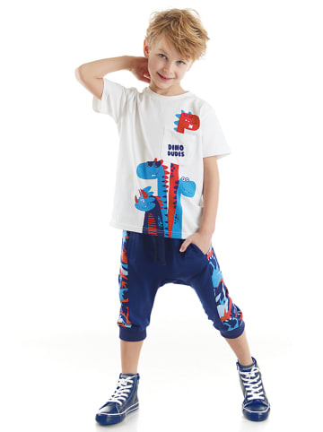 Denokids 2-delige outfit "Dino" wit/donkerblauw