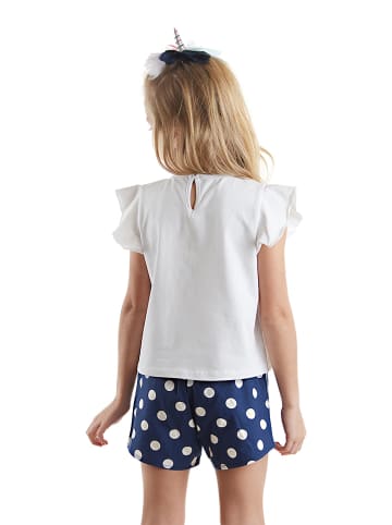 Denokids 2-delige outfit "Shinny Unicorn" wit/donkerblauw