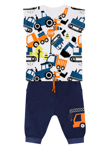 Denokids 2-delige outfit "Vehicles" wit/donkerblauw