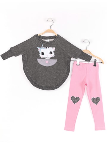Denokids 2-delige outfit "Dear Kitty" antraciet/lichtroze