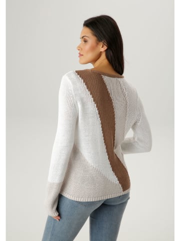 Aniston Pullover in Camel/ Weiß