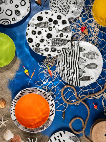 Trendy Kitchen by EXCÉLSA 18-delig tafelservies "Fishes" zwart/wit/meerkleurig