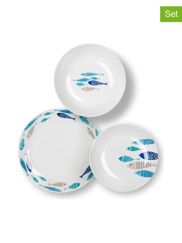 Trendy Kitchen by EXCÉLSA 18-częściowy zestaw talerzy "North Sea" w kolorze biało-niebieskim