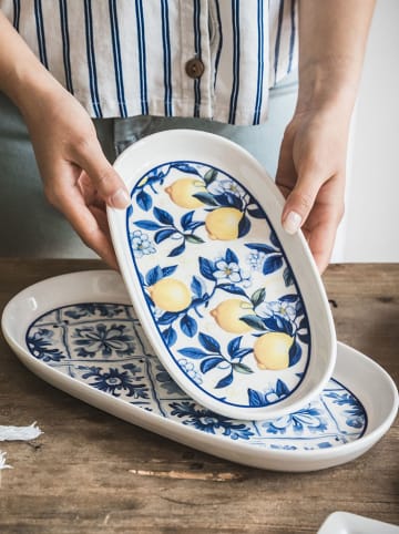 Hermia 2-delige set: serveerplateaus wit/blauw - (L)29 x (B)17 cm