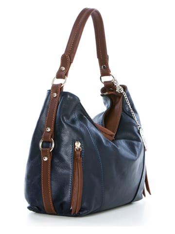 Anna Morellini Leder-Schultertasche "Noalia" in Dunkelblau/ Braun - (B)32 x (H)25 x (T)12 cm