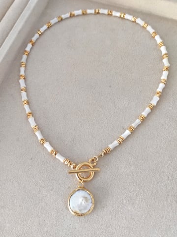 Nakkash Vergold. Halskette mit Edelsteinen und Perle - (L)45 cm