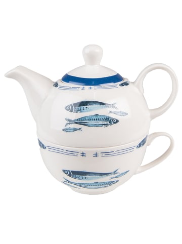 Clayre & Eef 2in1-Teekanne in Weiß/ Blau