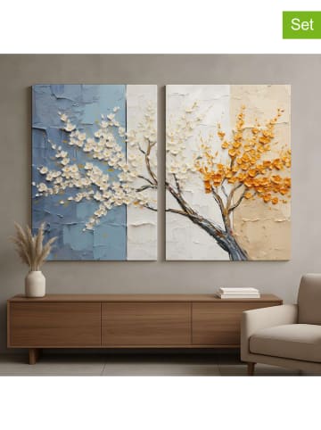 Wallity 2-delige set: kunstdrukken op canvas blauw/wit/beige - (B)80 x (H)120 cm