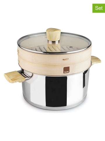 Ibili 3-delige set: kookpan met bamboe stoommand zilverkleurig/beige