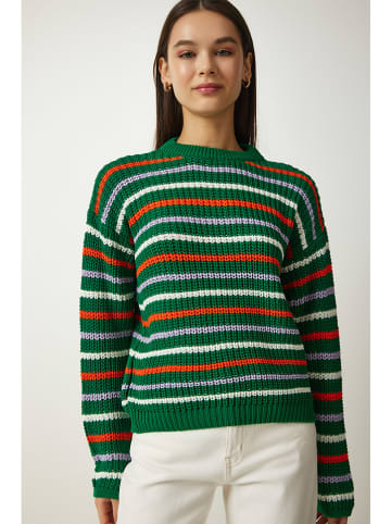 Happiness Istanbul Pullover in Grün/ Orange/ Weiß