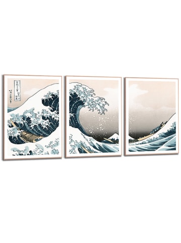 Orangewallz 3er-Set: Gerahmte Kunstdrucke "Hokusai - the great wave"