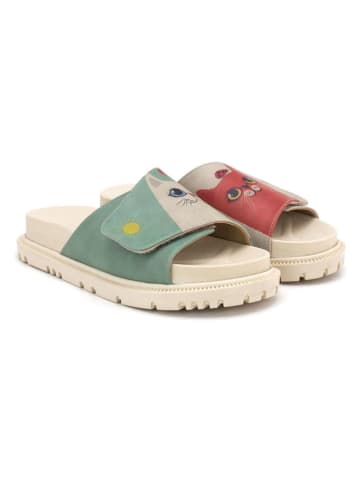 Goby Leren slippers beige/turquoise/rood