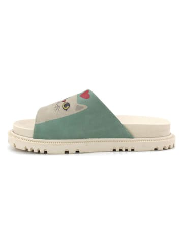 Goby Leder-Pantoletten in Beige/ Türkis/ Rot