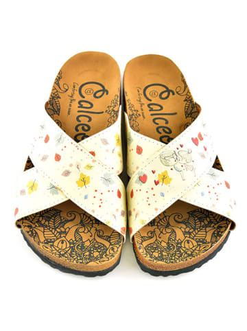 Calceo Pantoletten in Creme/ Bunt