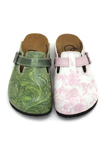 Calceo Clogs in Grün/ Weiß/ Rosa
