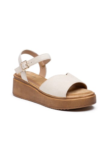 Foreverfolie Sandały w kolorze beżowym na koturnie