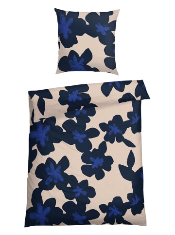 Schiesser Renforcé beddengoedset "Blossom" beige/donkerblauw