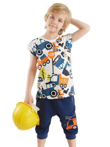 Denokids 2-delige outfit "Vehicles" wit/donkerblauw