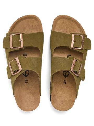 billowy Leder-Pantoletten in Khaki