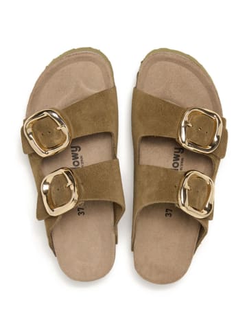 billowy Leder-Pantoletten in Khaki