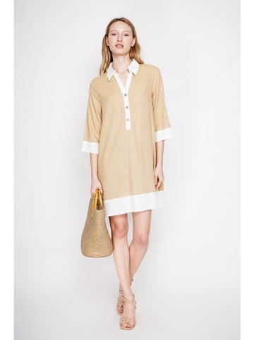 Le Jardin du Lin Leinen-Kleid in Beige/ Weiß