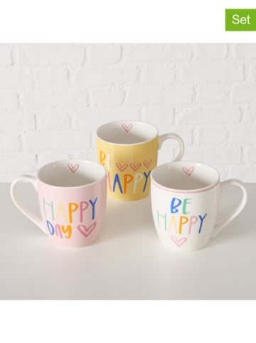 Boltze Kubki jumbo (3 szt.) "Happy" w kolorze jasnoróżowo-biało-żółtym - 400 ml