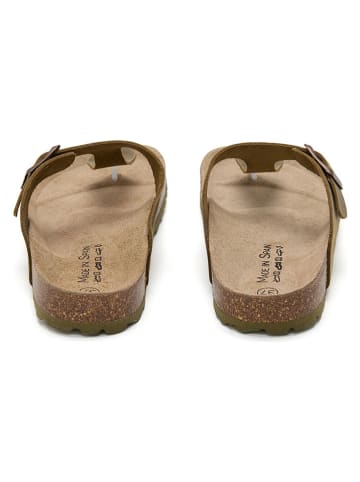 JOLANA & FENENA Leren teenslippers kaki