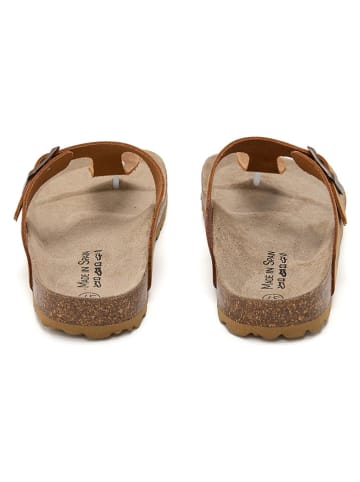 JOLANA & FENENA Leren teenslippers lichtbruin