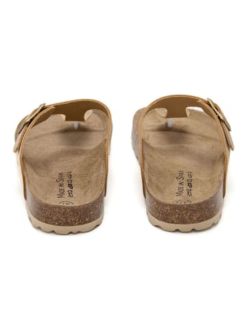 JOLANA & FENENA Leren teenslippers lichtbruin