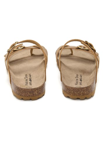 JOLANA & FENENA Leren teenslippers lichtbruin