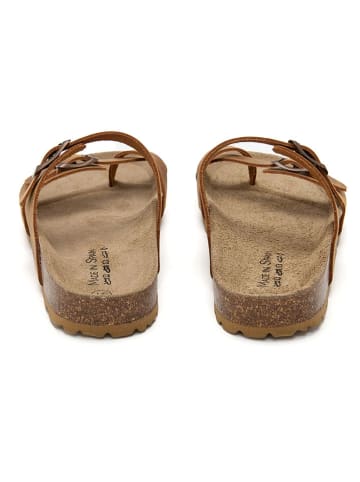 JOLANA & FENENA Leren teenslippers lichtbruin