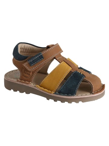 vertbaudet Leder-Sandalen in Hellbraun/ Blau/ Gelb