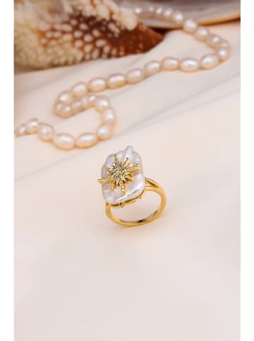 Pierres delicates Pozłacany pierścionek z masą perłową i cyrkoniami